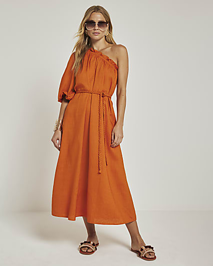 Rust linen blend belted shift midi dress