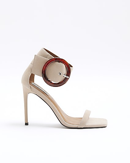 Stone suede buckle strap heeled sandals