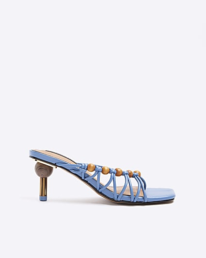 Blue beaded strappy mule heeled sandals