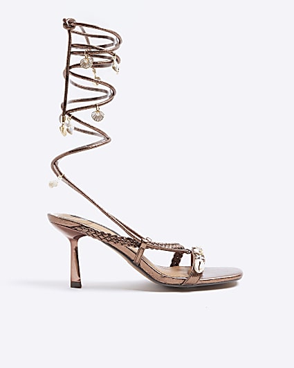 Bronze Shell Detail Lace Up Heeled Sandals