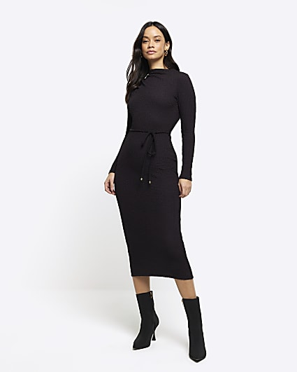 Black textured belted bodycon midi dress