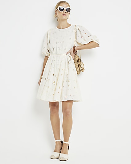 Cream broderie belted swing mini dress