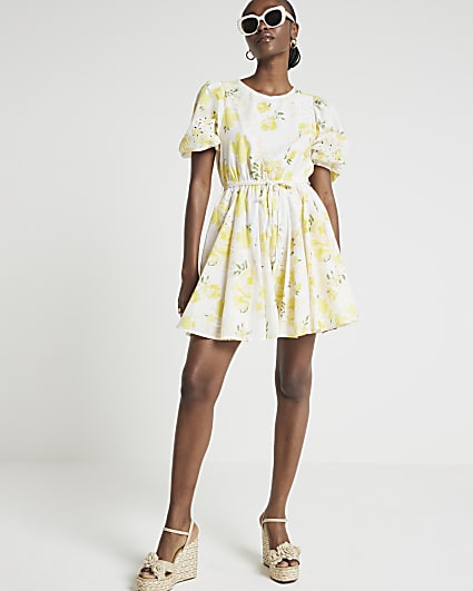 Yellow floral puff sleeve swing mini dress