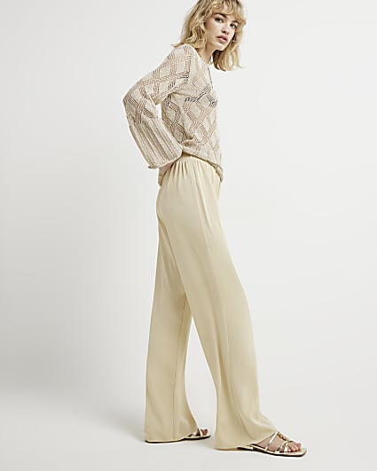 Beige Satin Pull On Elasticated Trousers