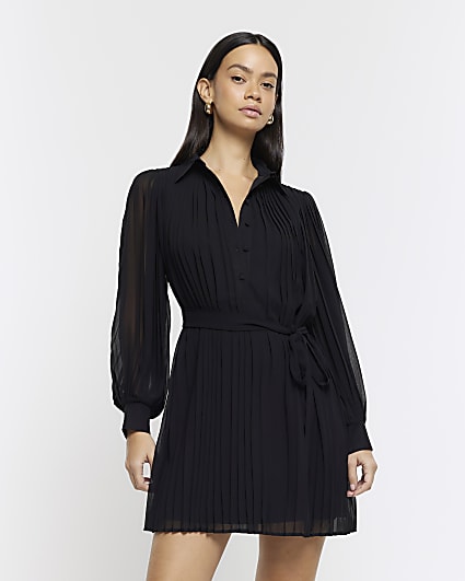 Black plisse tie waist mini shirt dress