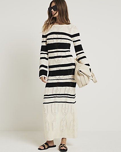 Cream knit stripe bodycon maxi dress