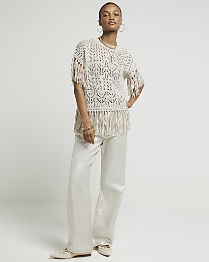 Cream Crochet Fringe Hem Top