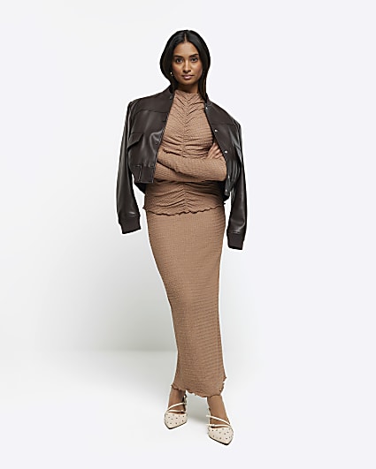 Brown textured midi skirt