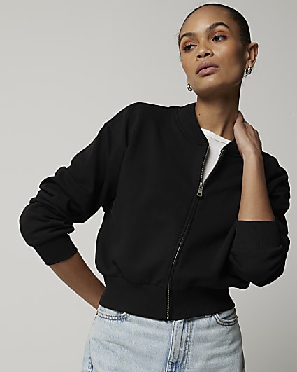 Black Cropped Zip Sweatshirt Bomber