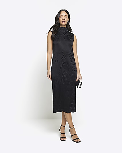 Black crinkle high neck bodycon midi dress