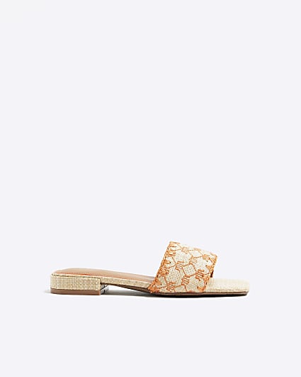 Orange Raffia Embroidered Mule Sandals