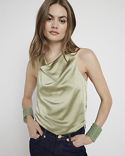 Khaki satin halter neck top