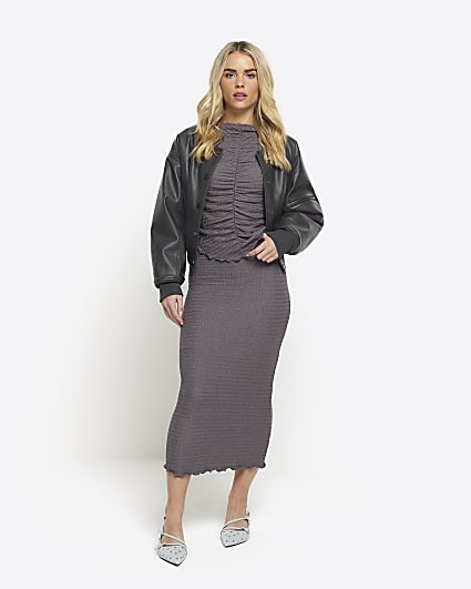 Petite grey textured midi skirt