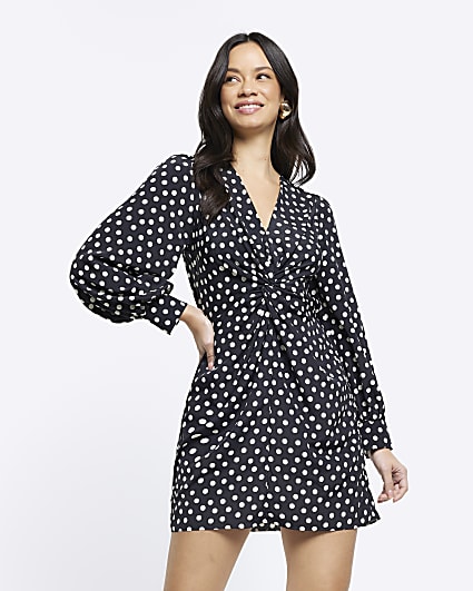 Black spot knot detail swing mini dress