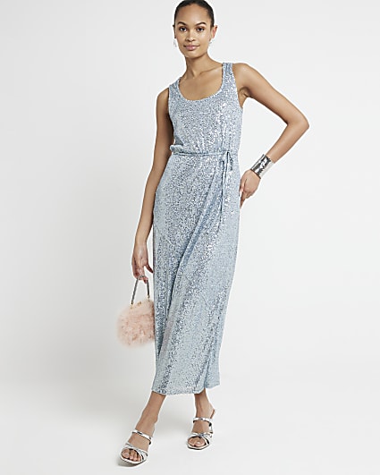 Blue sequin tie waist slip midi dress