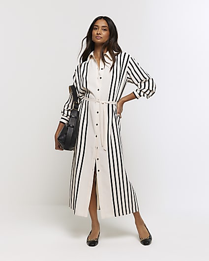 Cream stripe tie waist midi shirt dress