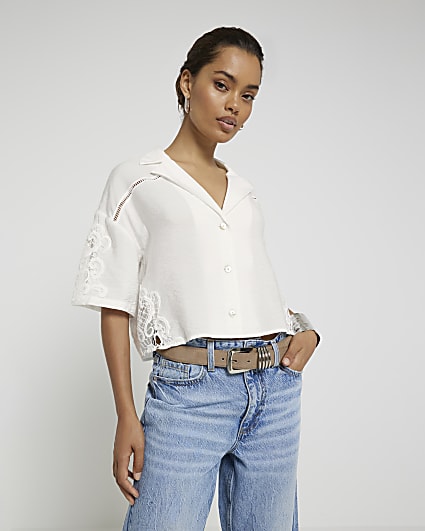 Petite white lace panel crop shirt