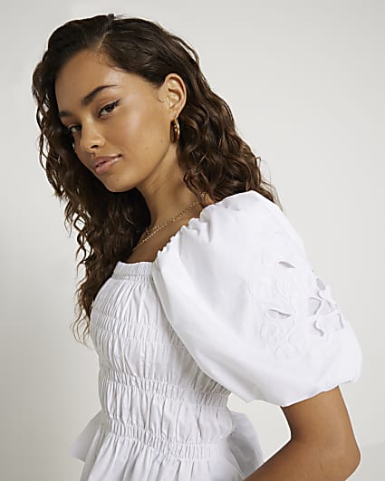 Petite white shirred puff sleeve blouse