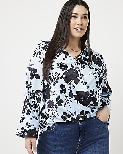 Plus blue satin floral wrap shirt