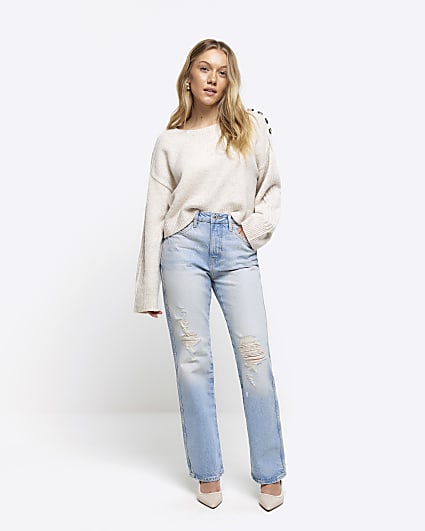 Petite blue ripped stove pipe straight jeans