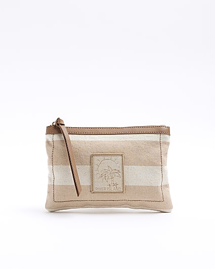 Beige canvas striped pouchette bag