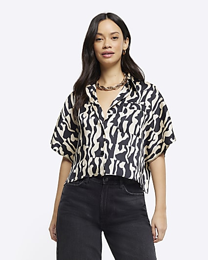 Black satin abstract crop shirt