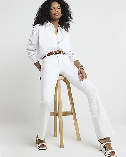 White pocket front flare jeans