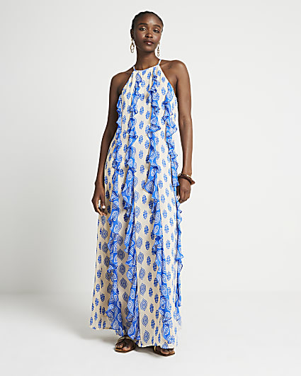 Blue geometric frill smock maxi dress