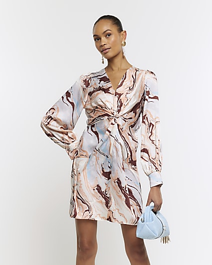 Beige Satin Marble print Shift Mini Dress