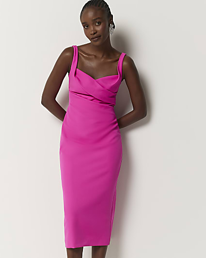 Pink ruched open back bodycon midi dress