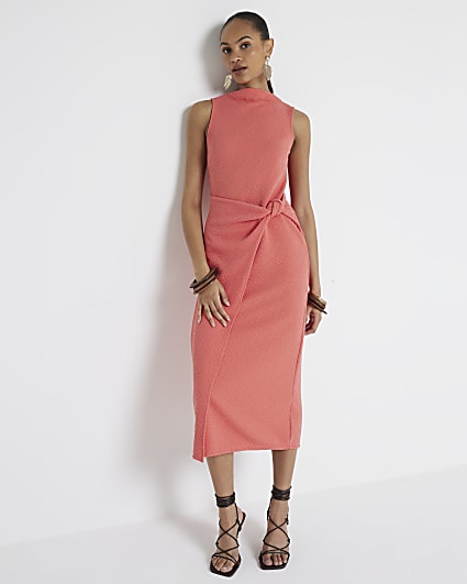 Coral textured knot bodycon midi dress