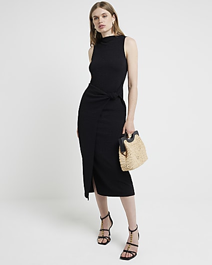 Black textured knot bodycon midi dress