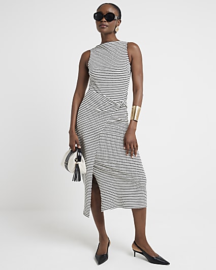 Cream textured stripe knot bodycon midi dress