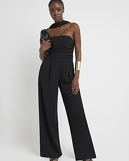 Black ruched top wide leg jumpsuit