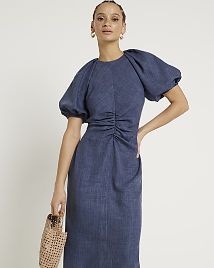 Navy ruched puff sleeve shift midi dress