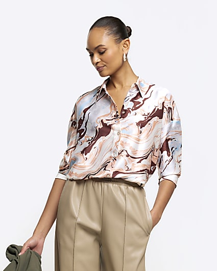 Beige satin marble print shirt