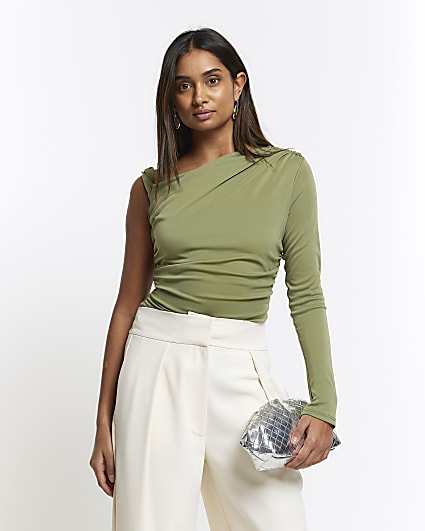 Green ruched one shoulder blouse