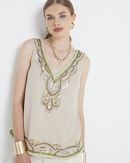 Beige embellished tank top