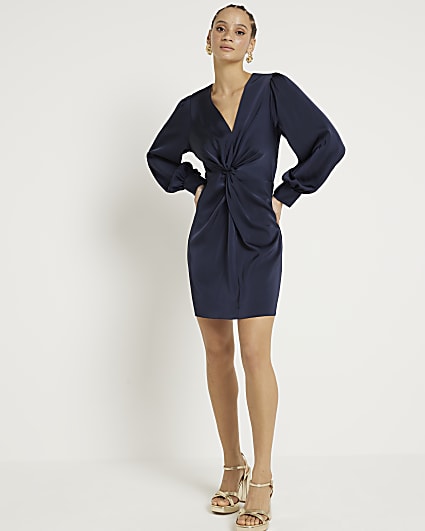 Navy satin twist front swing mini dress