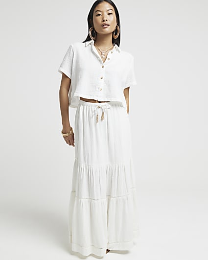 Petite white textured crop shirt