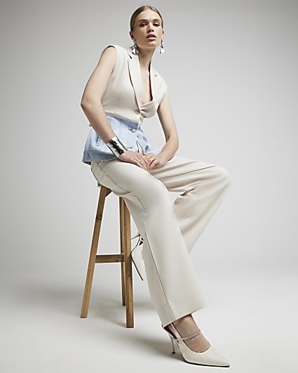 Beige hybrid denim detail wide leg trousers