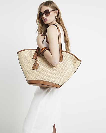 Brown Raffia Lace Up Tote Bag