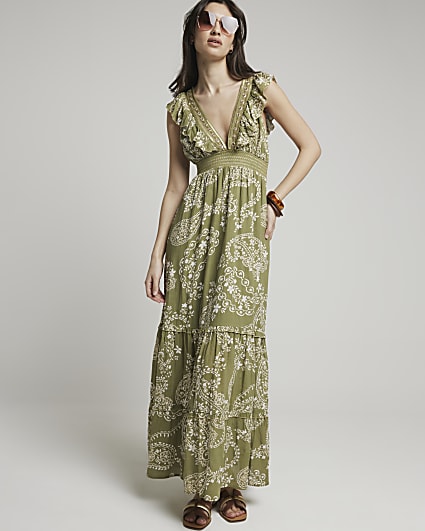 Khaki paisley plunge beach maxi dress