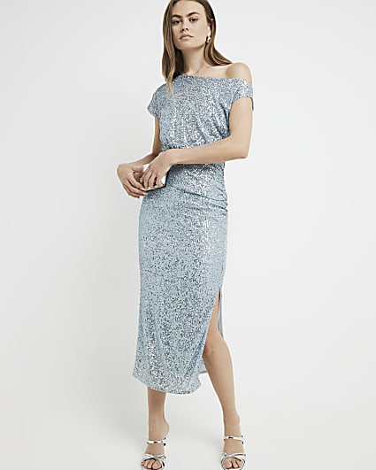 Blue sequin off shoulder bodycon midi dress