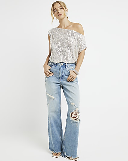 Silver sequin off shoulder top