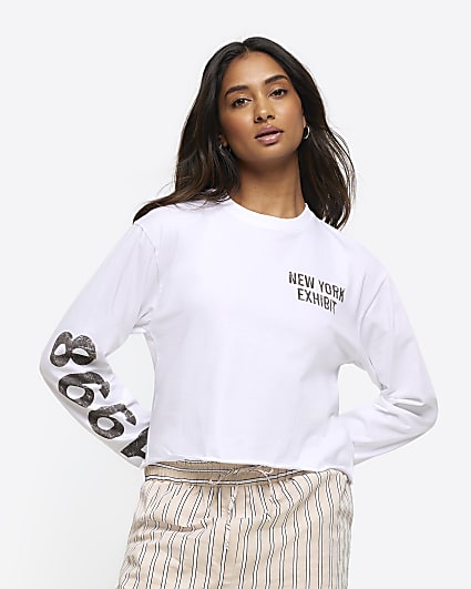 White New York crop long sleeve t-shirt