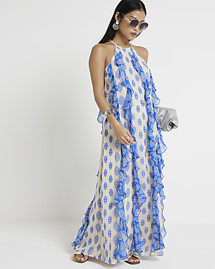 Petite blue Geometric Frill Smock Maxi Dress