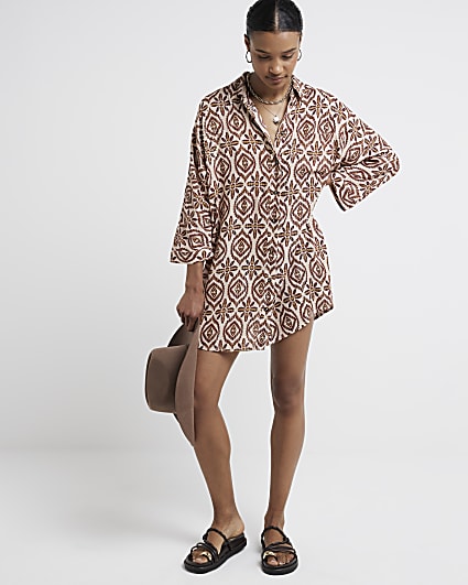 Brown geometric metallic longline shirt