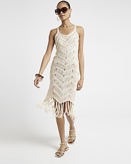 Cream crochet fringe hem bodycon midi dress