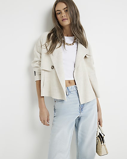 Beige cropped linen blend jacket